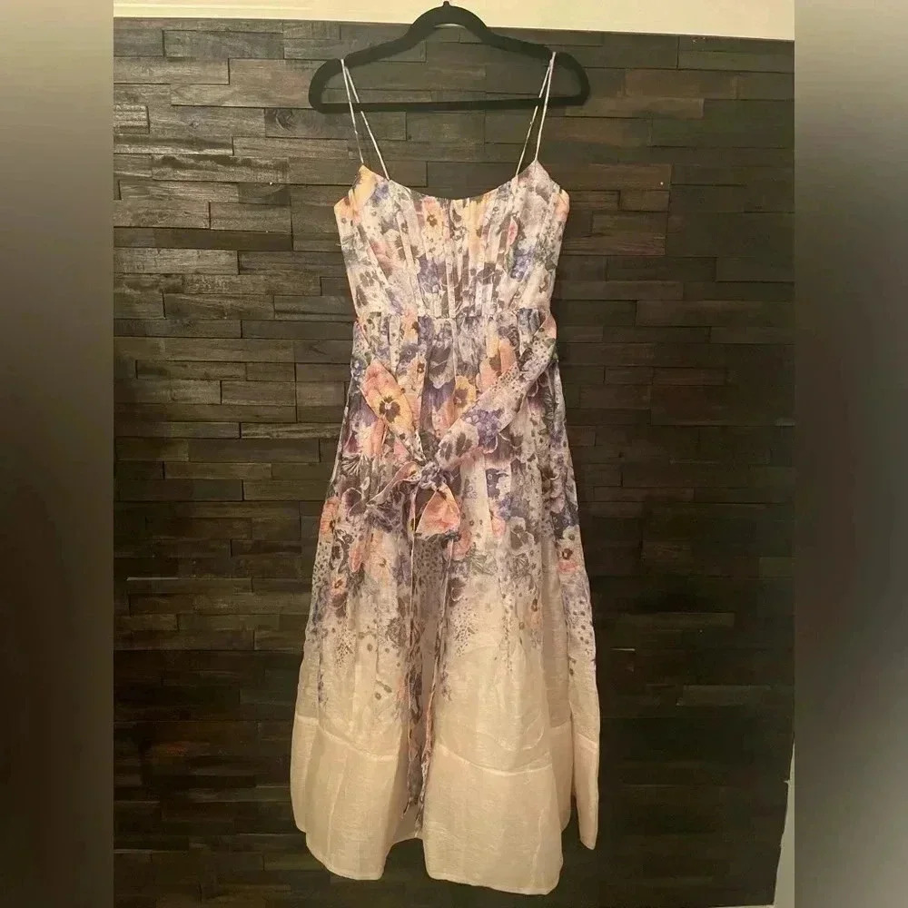 Zimmermann Tama Corset Linen Silk Midi Dress 1 US6 Floral Pansy Waist Tie Belted - Picture 14 of 16